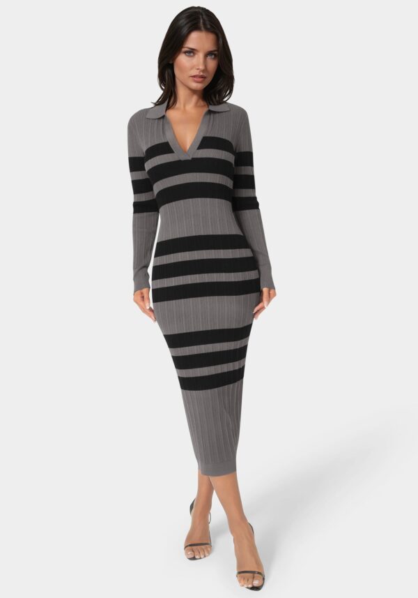 Long Sleeve Collared Striped Knit Dress