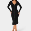 Button Front V-Neck Sweater Midi Dress