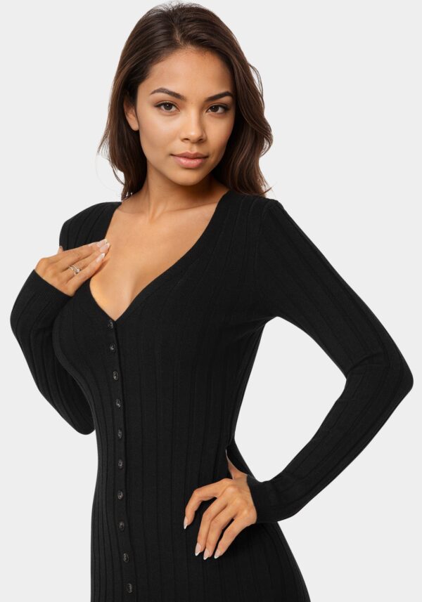 Button Front V-Neck Sweater Midi Dress